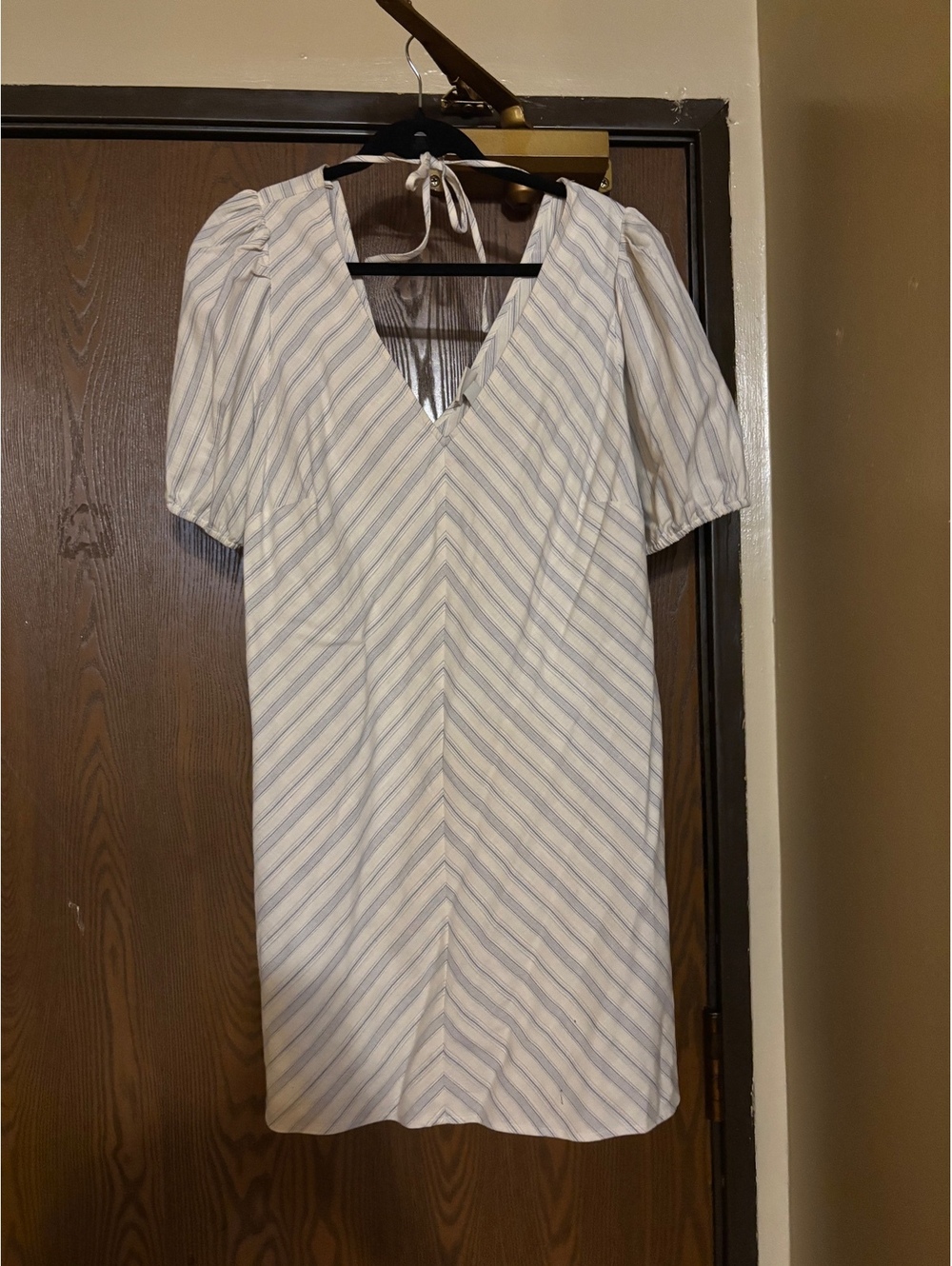 White and Light Blue Striped Cotton-Blend Mini Dress- Size Large